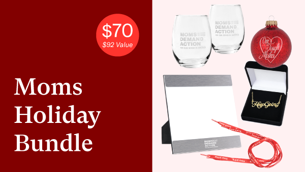 An image with a split background where half is red and the other is beige. On the red side is a sticker that reads $70 for $92 worth of product and Moms Holiday Bundle. The beige side has images of various products that are on sale and discounted via the bundle.