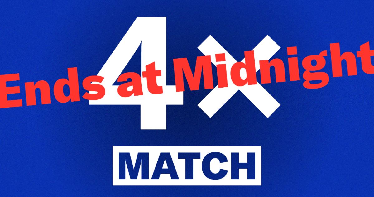 The words 4X Match in white over a blue background with text that reads: Ends at Midnight in red placed on top.
