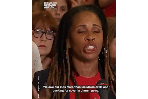 A gif of Angela Ferrell-Zabala speaking that says: "We owe our kids more than lockdown drills, and ducking for cover in church pews"