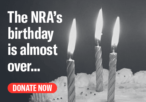 A black and white image of a birthday cake with candles being blown out that says "The NRA's birthday is almost over" with a large red "DONATE NOW" button