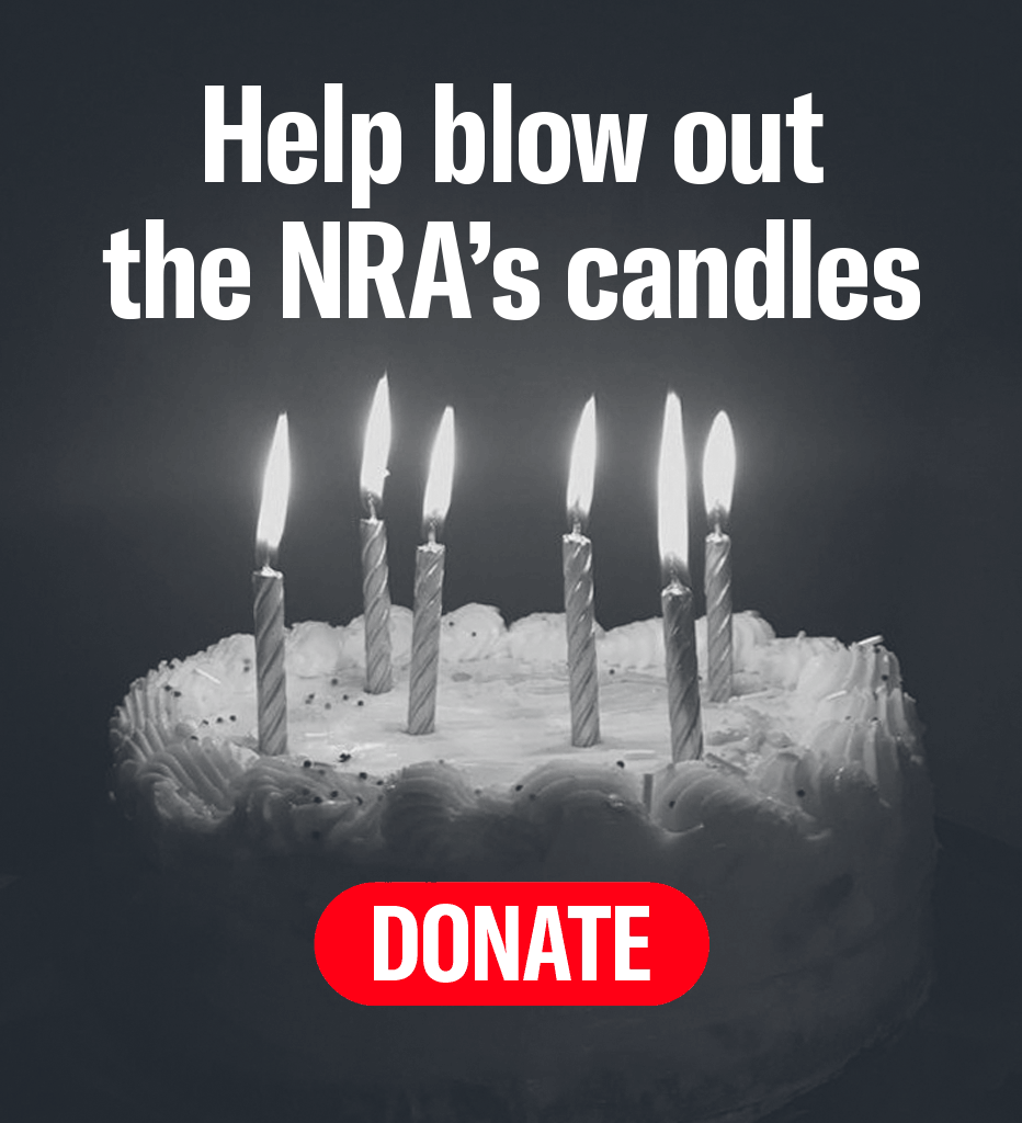 A black and white image of a birthday cake with candles being blown out that says "Help blow out the NRA's candles" with a large red "DONATE" button