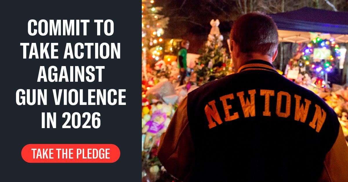 A split photo with one half that has a black background and words that read "Commit to take action against gun violence in 2026" and a button that reads "take the pledge" The other half of the photo shows an individual wearing a jacket with the word "NEWTOWN" on the back.