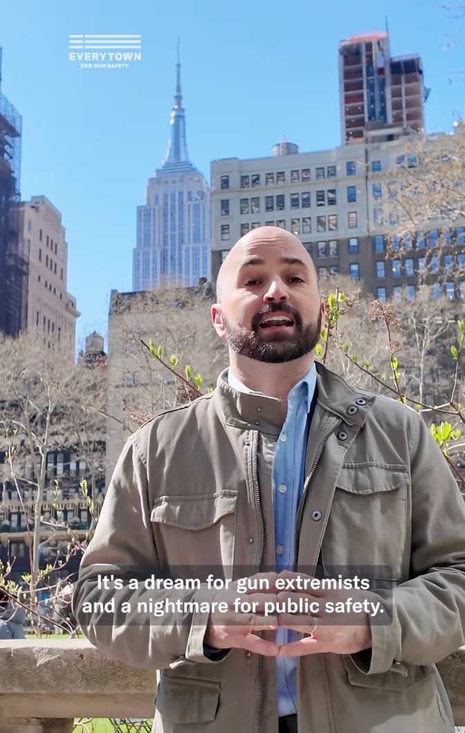 Screenshot of the linked Instagram video featuring Everytown's Senior Vice President of Law & Policy, Nick Suplina, who stands in a gray jacket in front of Bryant Park in New York City. The closed captioning underneath him reads "It's a dream for gun extremists and a nightmare for public safety."