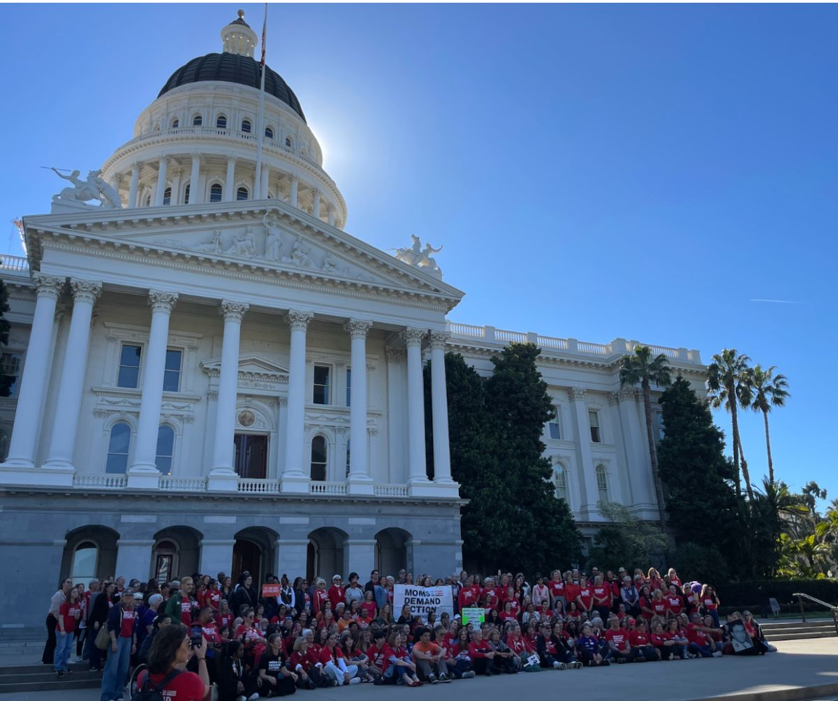 Hundreds of volunteers stand in front of the California capitol building in Sacramento.