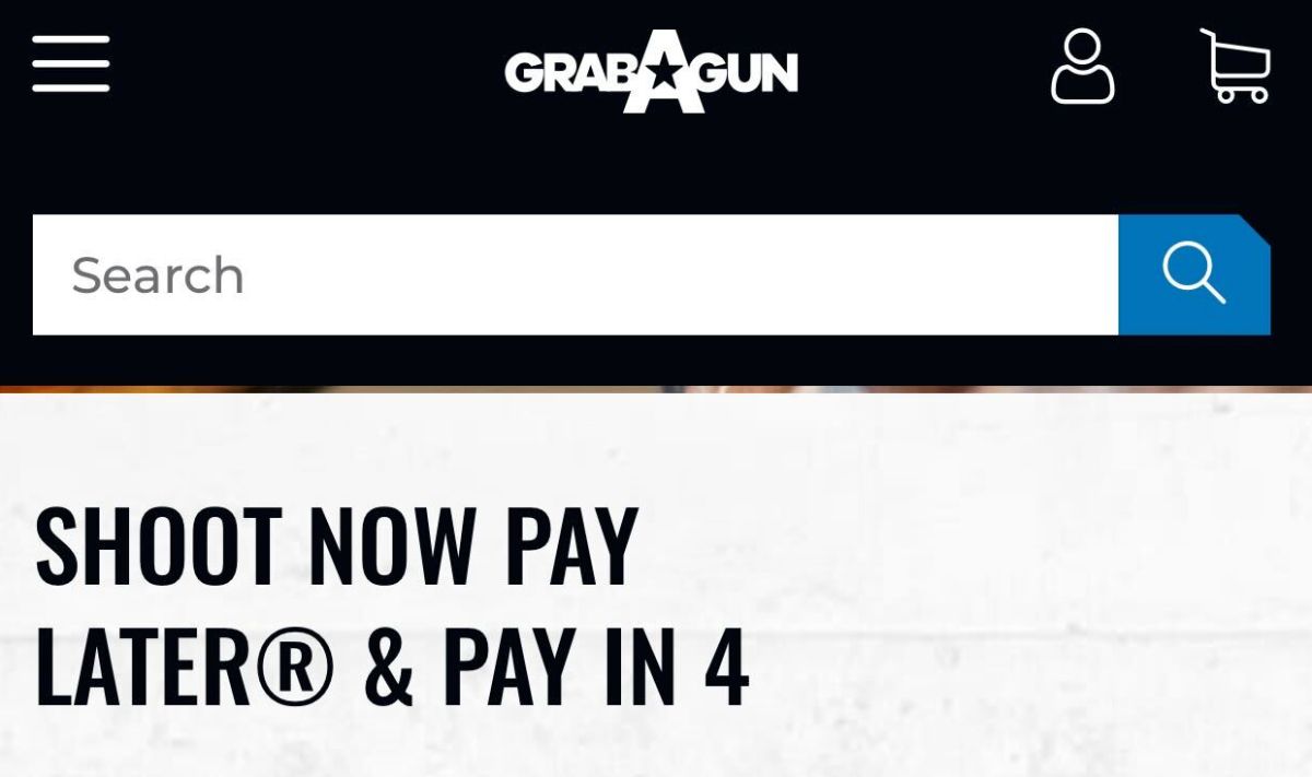 A screenshot of BuyAGun's website that says "Shoot Now Pay Later & Pay In Four"